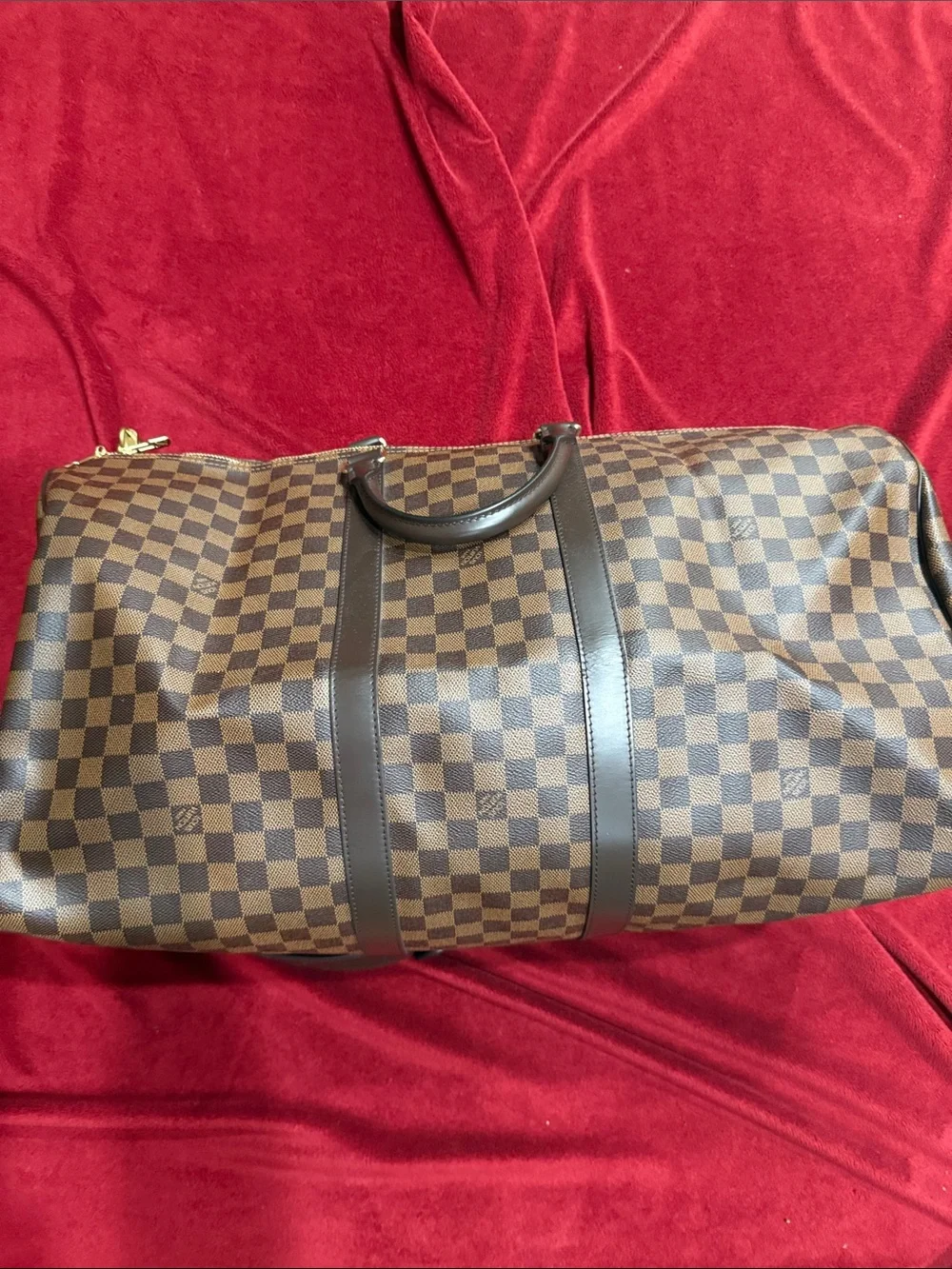Louis Vuitton Classic Brown Checkered Canvas Duffel Bag with Dark Trim